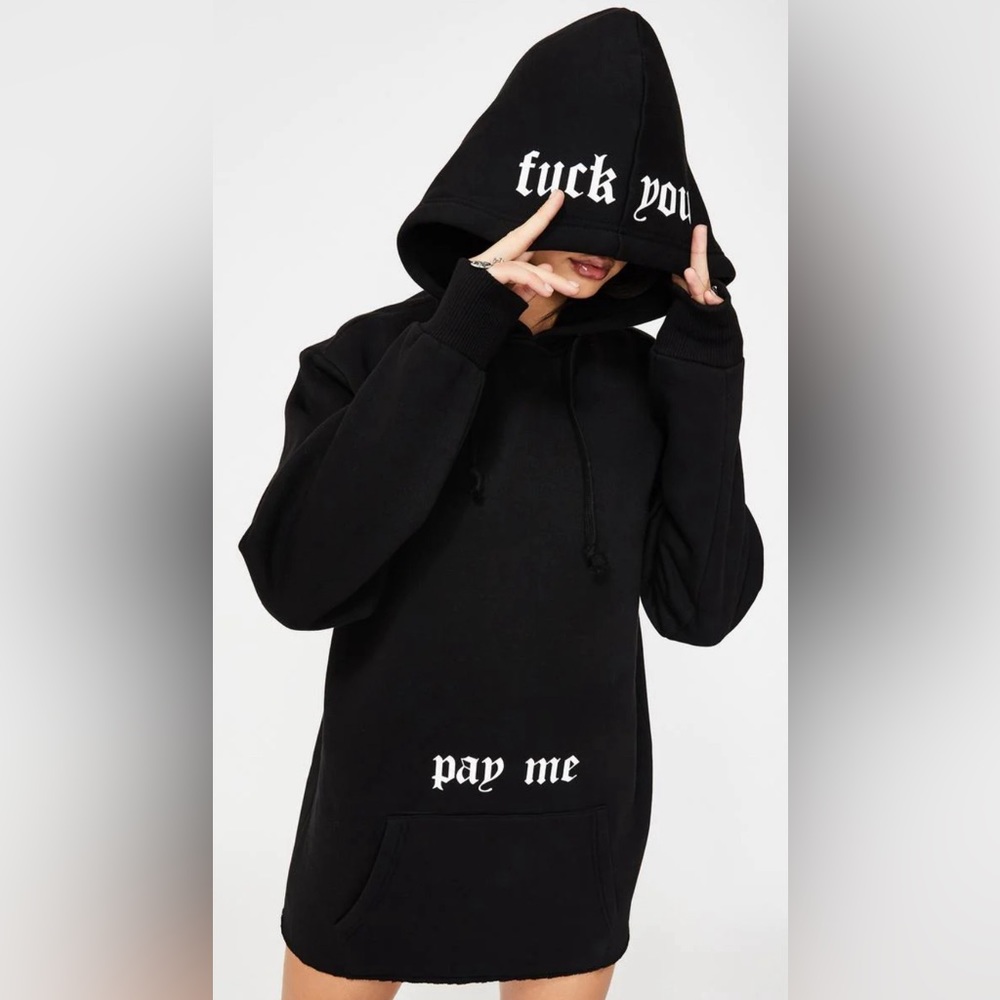 DOLLS KILL F YOU PAY ME GRAPHIC HOODIE DRESS